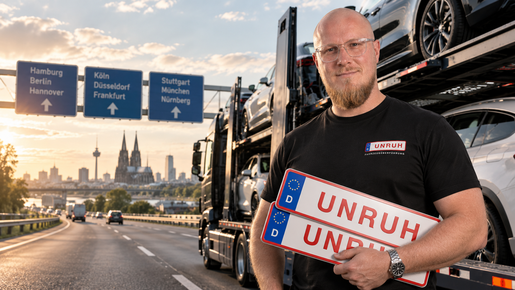 Matthias Unruh mit Kennzeichen vor einem Autotransporter an der Autobahn